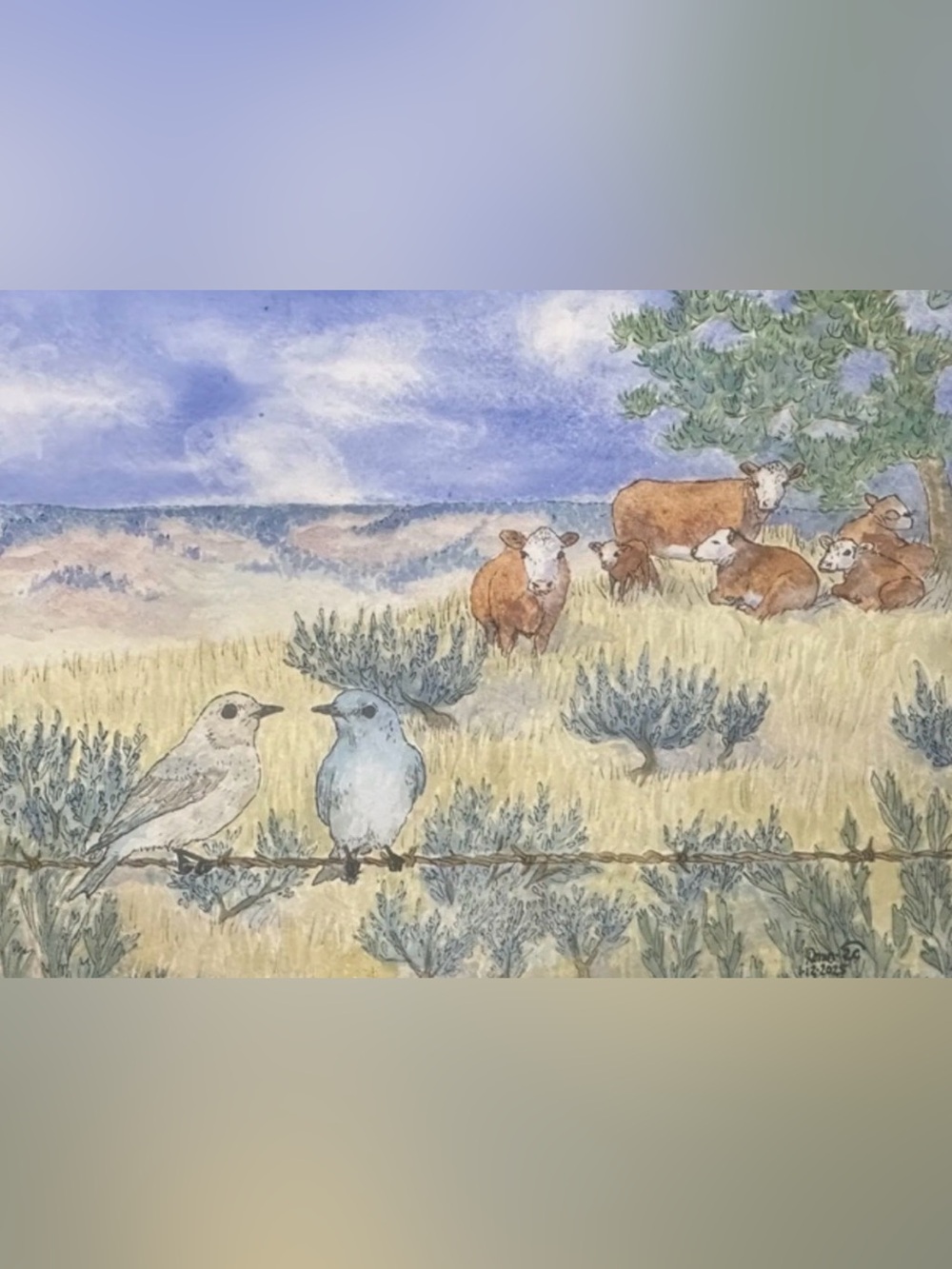 Blue Birds and Hereford cattle, original watercolor painting, matted & framed